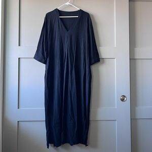 Linen Blend Maxi Dress Womens Large Black V Neck 3/4 Sleeve Pockets Lagenlook